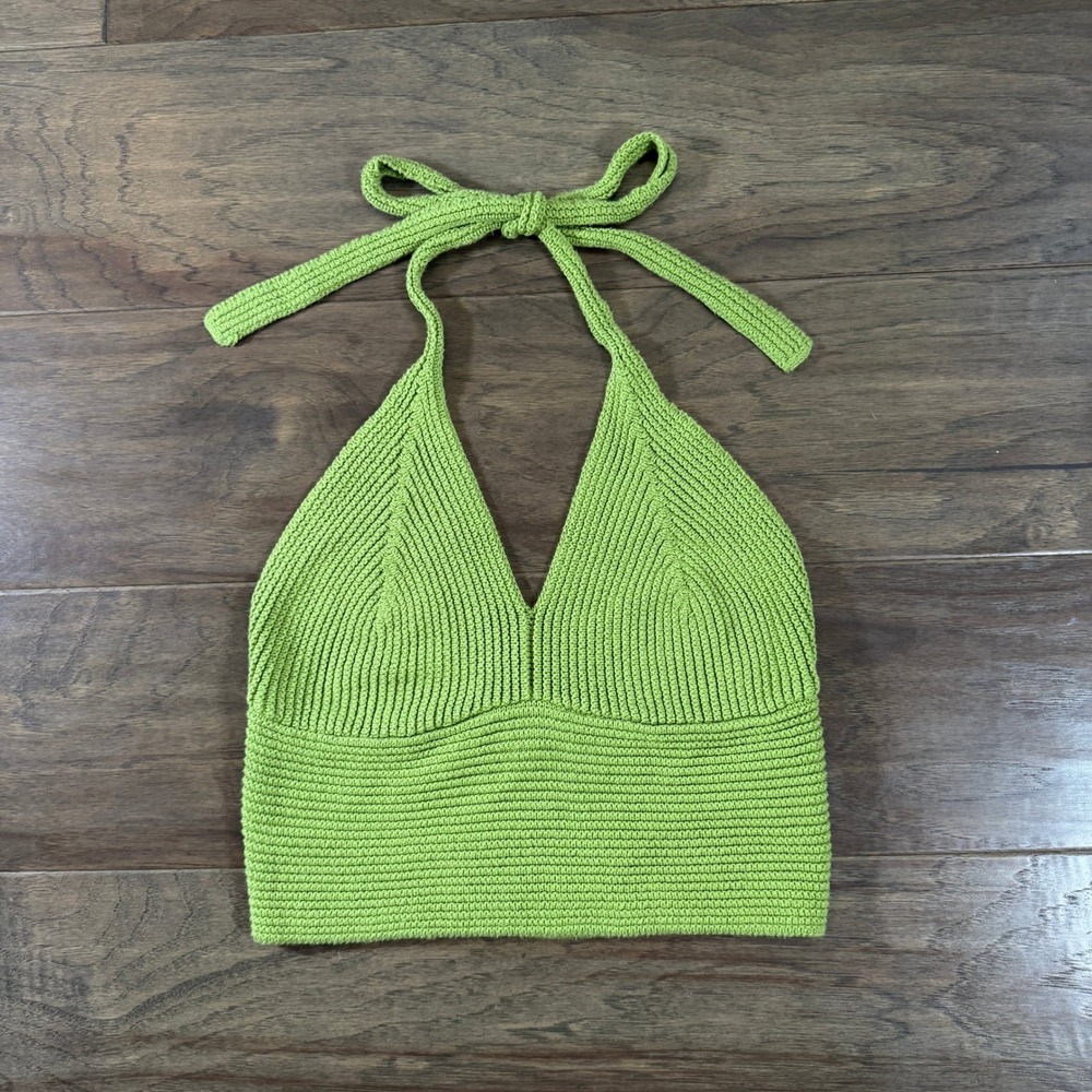 Stitch & Pine Lime Green Knit Halter Crop Top V-Neck‎ Festival Summer Medium